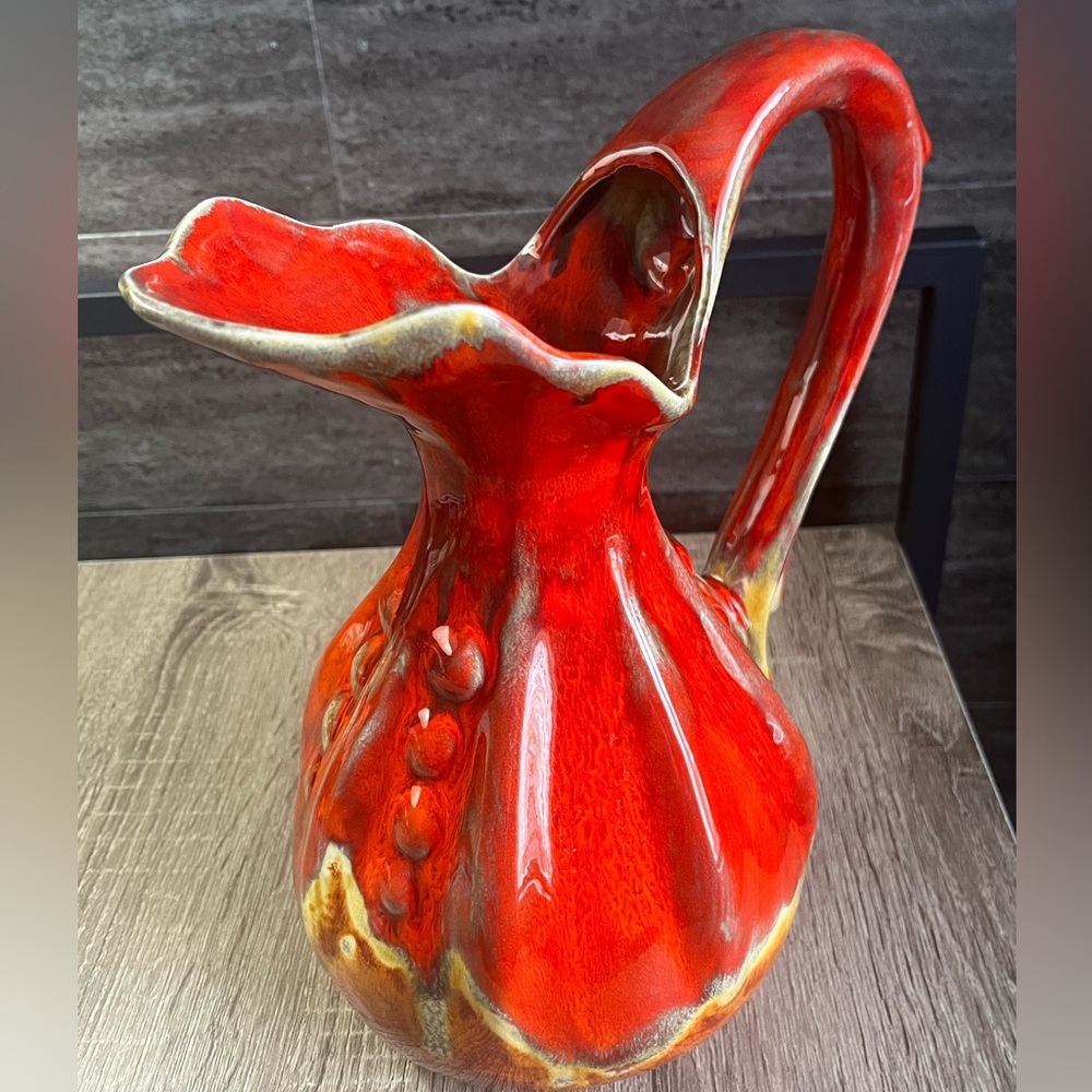 Vintage 1967 CNC Canada Studio Pottery Pitcher Red Fat Lava Drip Glaze MCM 11”H